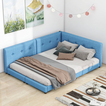 Upholstered Queen Size platform bed with USB Ports, Blue