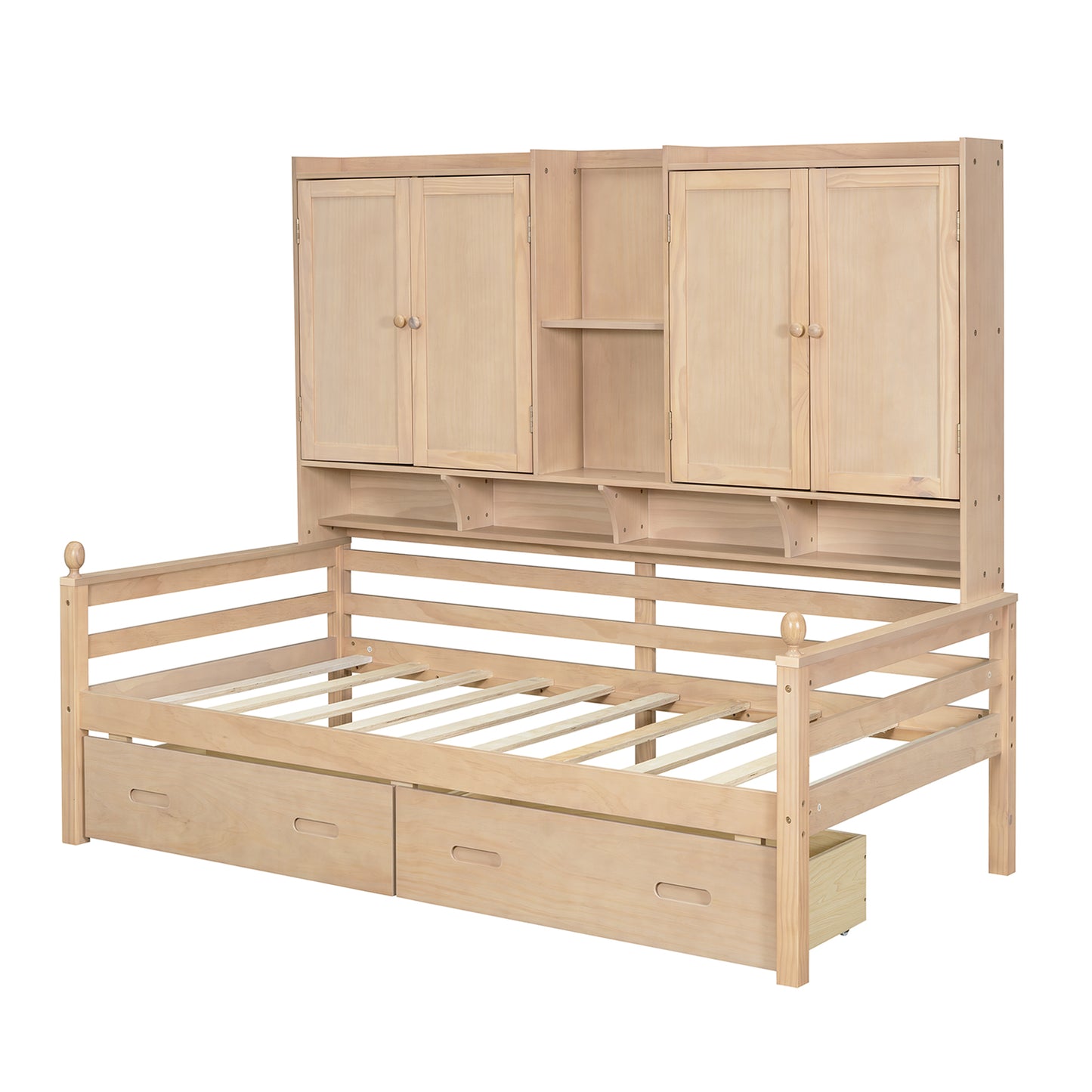 Twin Size Wooden Storage Daybed Frame with Bookcase Headboard and Two Under-bed Drawers for Bedroom Living Room, No Box Spring Needed,Natural