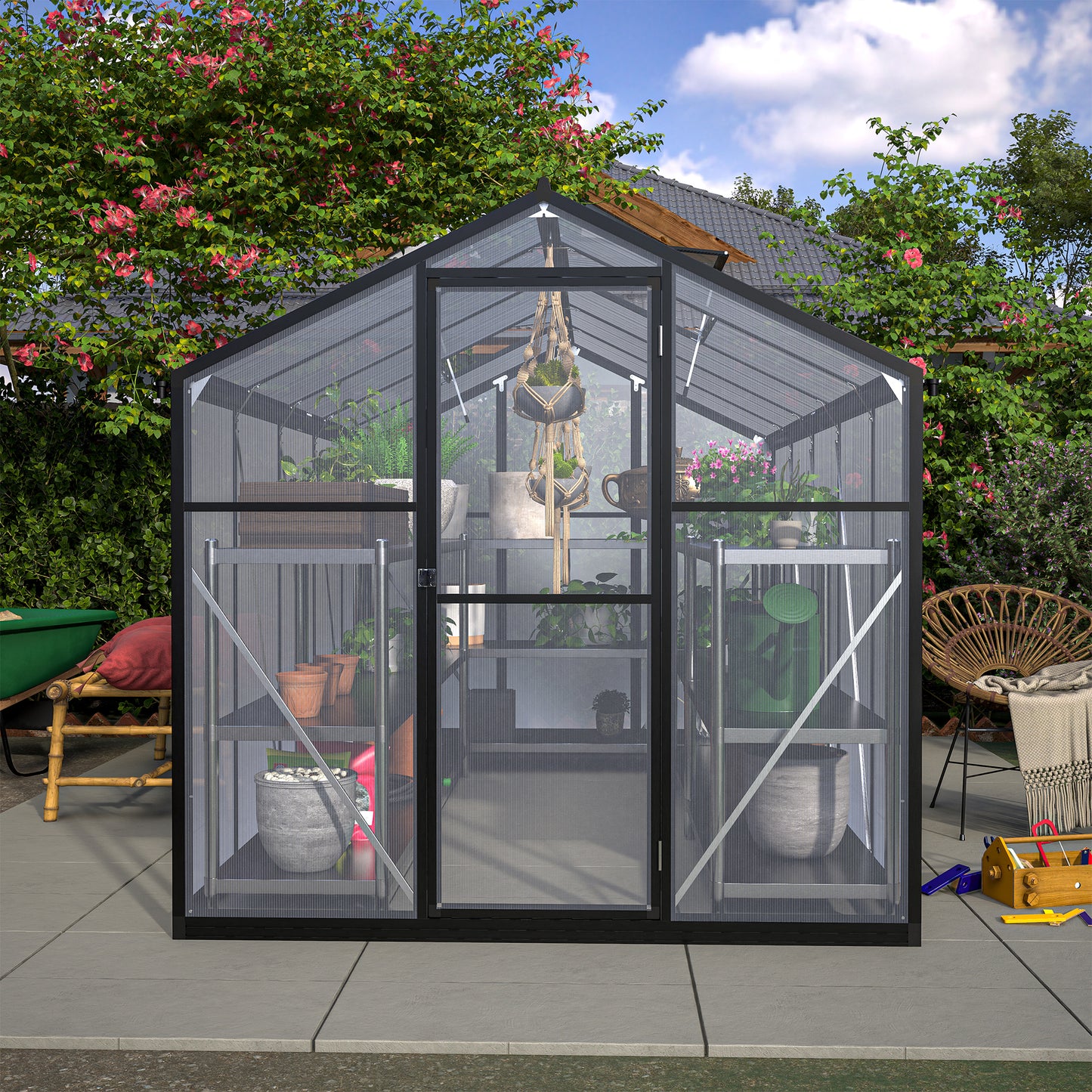 6x10 ft Outdoor Polycarbonate Greenhouse Kit with Aluminum Frame, Walk-in Garden Green House with  Lockable Door & Adjustable Roof Vent, Backyard, Patio