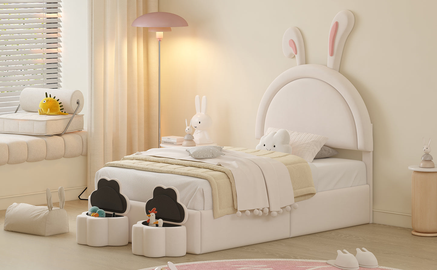 Twin size Upholstered Rabbit-Shape Bed with 2 Storage Stools, Velvet Platform Bed with Cartoon Ears Shaped Headboard, White