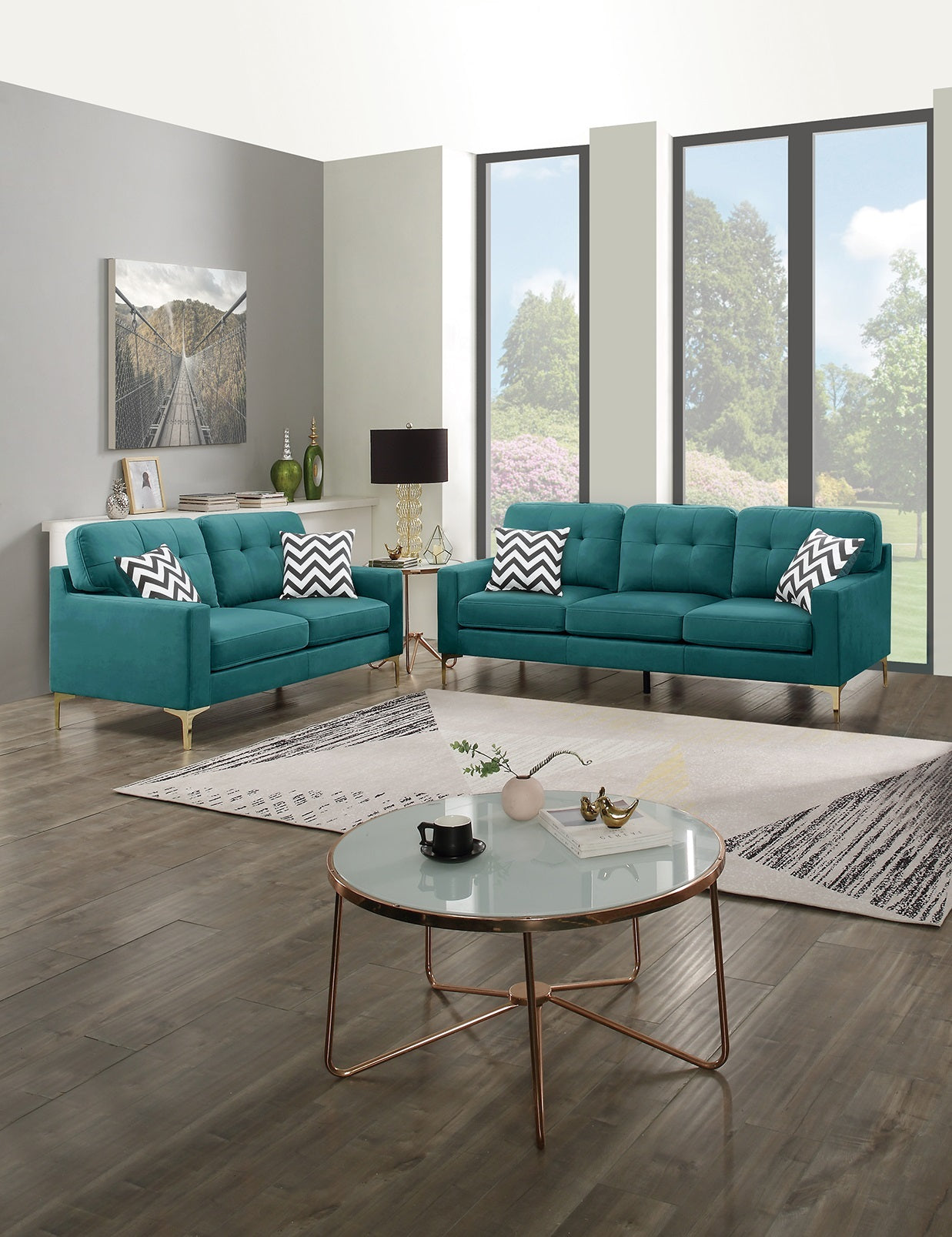 Eye-Catching Attractive 2pc Sofa Set Teal Blue Velvet Fabric Sofa Loveseat w Pillows Couch Firm Tufted Cushions Living Room