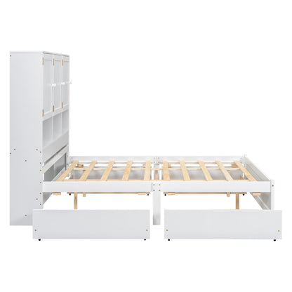 Queen Size Platform Bed with Storage Headboard and 4 Drawers, White