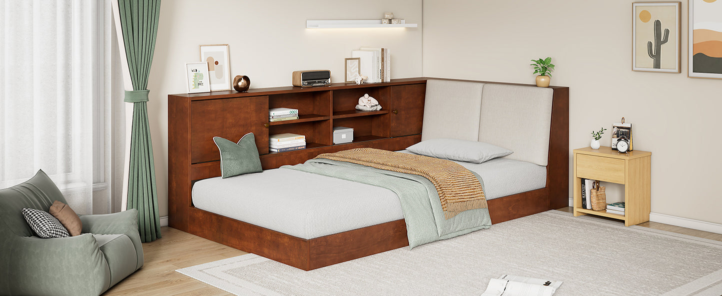 Wooden Twin Size L-shaped Daybed Floor Corner Bed with Storage Bookcase and Upholstered Headboard and USB Charging Ports for Limited Space, Walnut