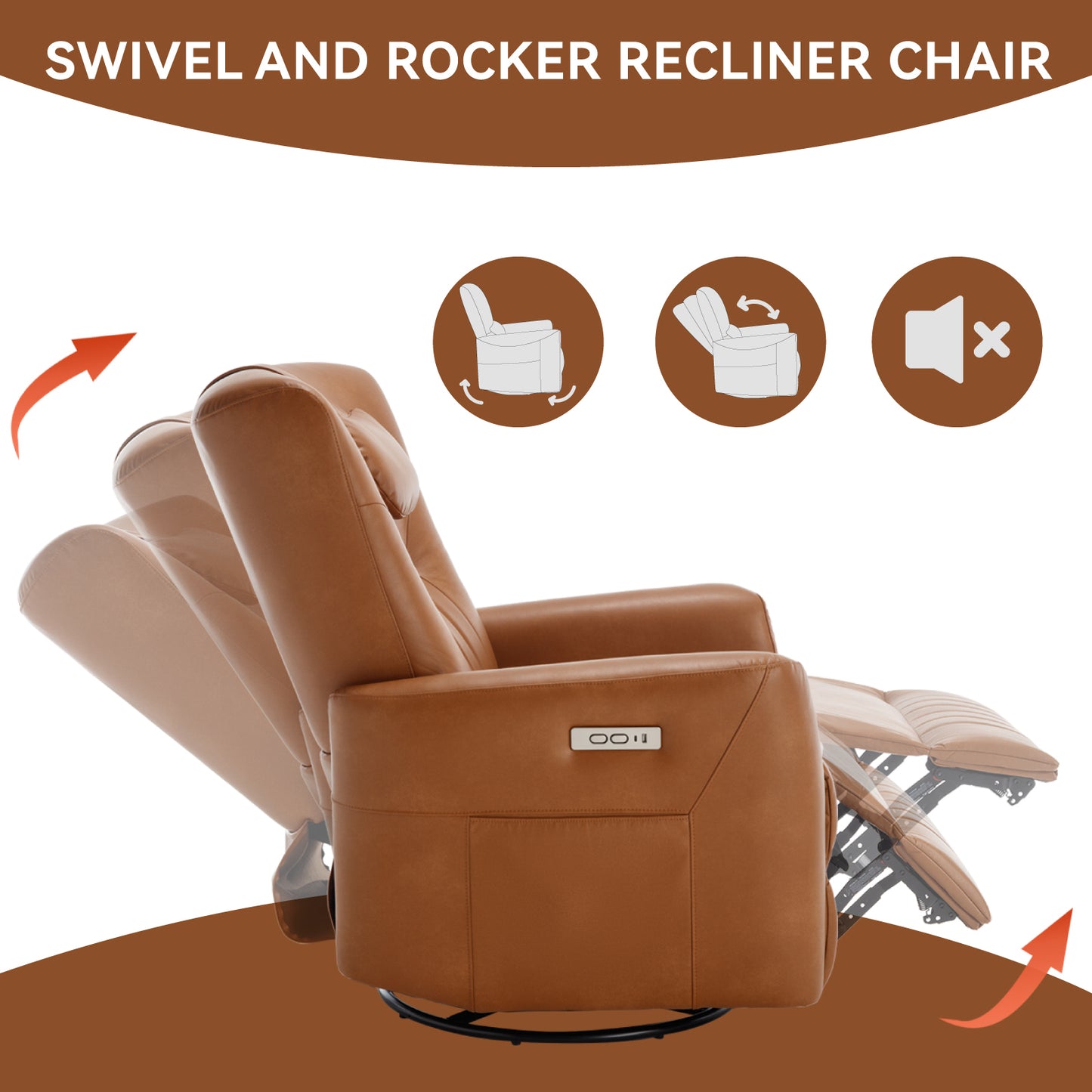 Yellow Brown Leatheraire Swivel and Rocker Power Recliner Chair with Lumbar and Neck Support Pillow, Heavy Duty Motion Mechanism with USB and Type-C