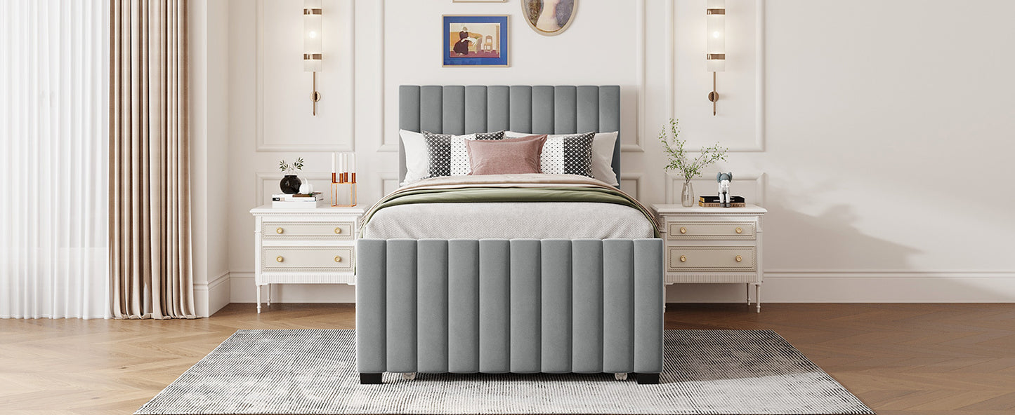 Twin Size Velvet Upholstered Platform Bed with Twin Size Trundle, Gray