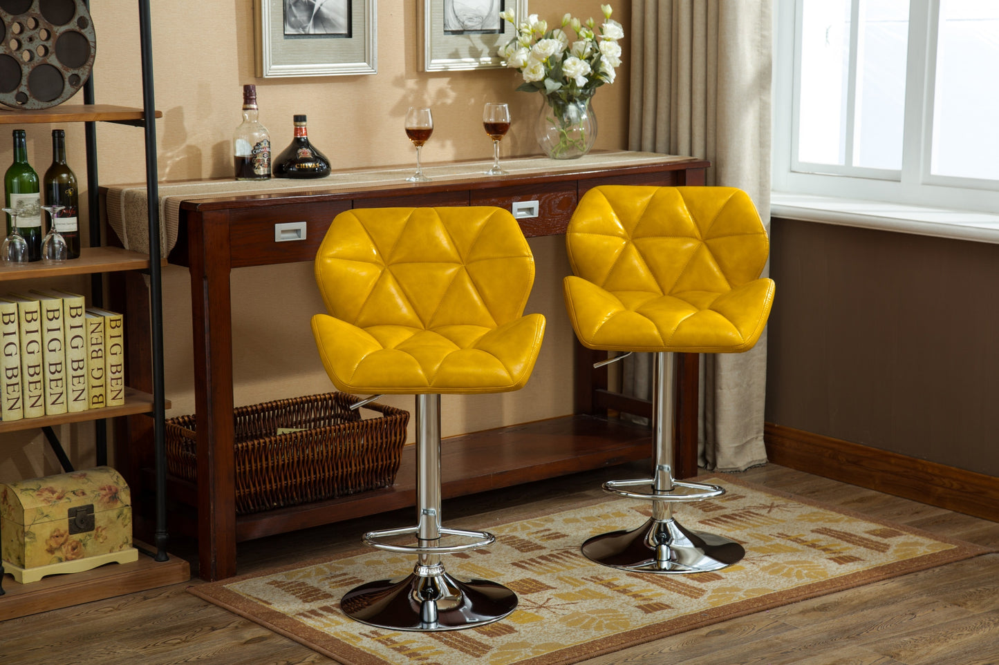 Glasgow Contemporary Tufted Adjustable Height Hidraulic Bar Stools, Set of 2, Yellow