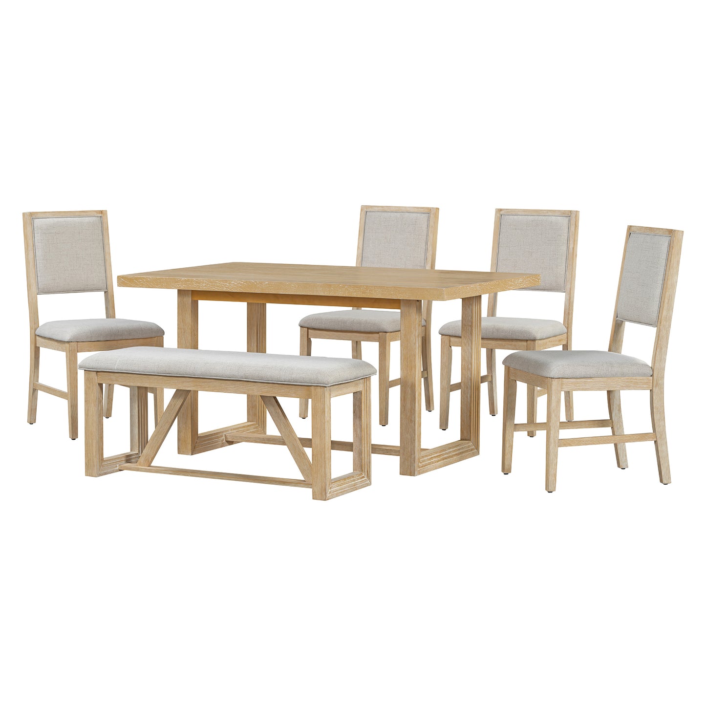 TREXM 6-Piece Retro Dining Set, 1 Rectangular Table with Designed Trestle Base and 4 Upholstered Chairs and 1 Bench for Dining Room and Kitchen (Natural)