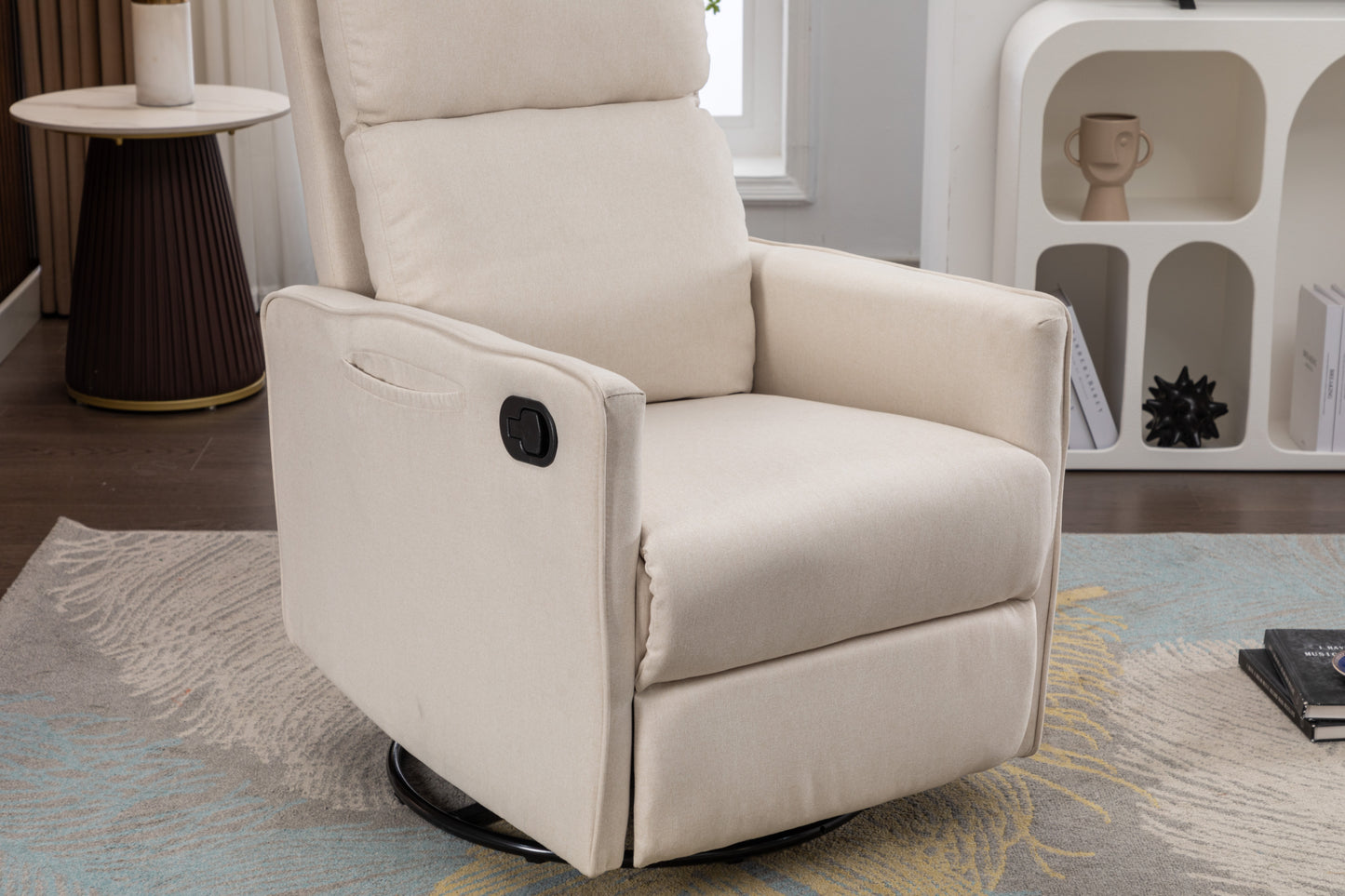 038-Cotton Linen Fabric Swivel Rocking Chair Glider Rocker Recliner Nursery Chair With Adjustable Back And Footrest For Living Room Indoor,Beige