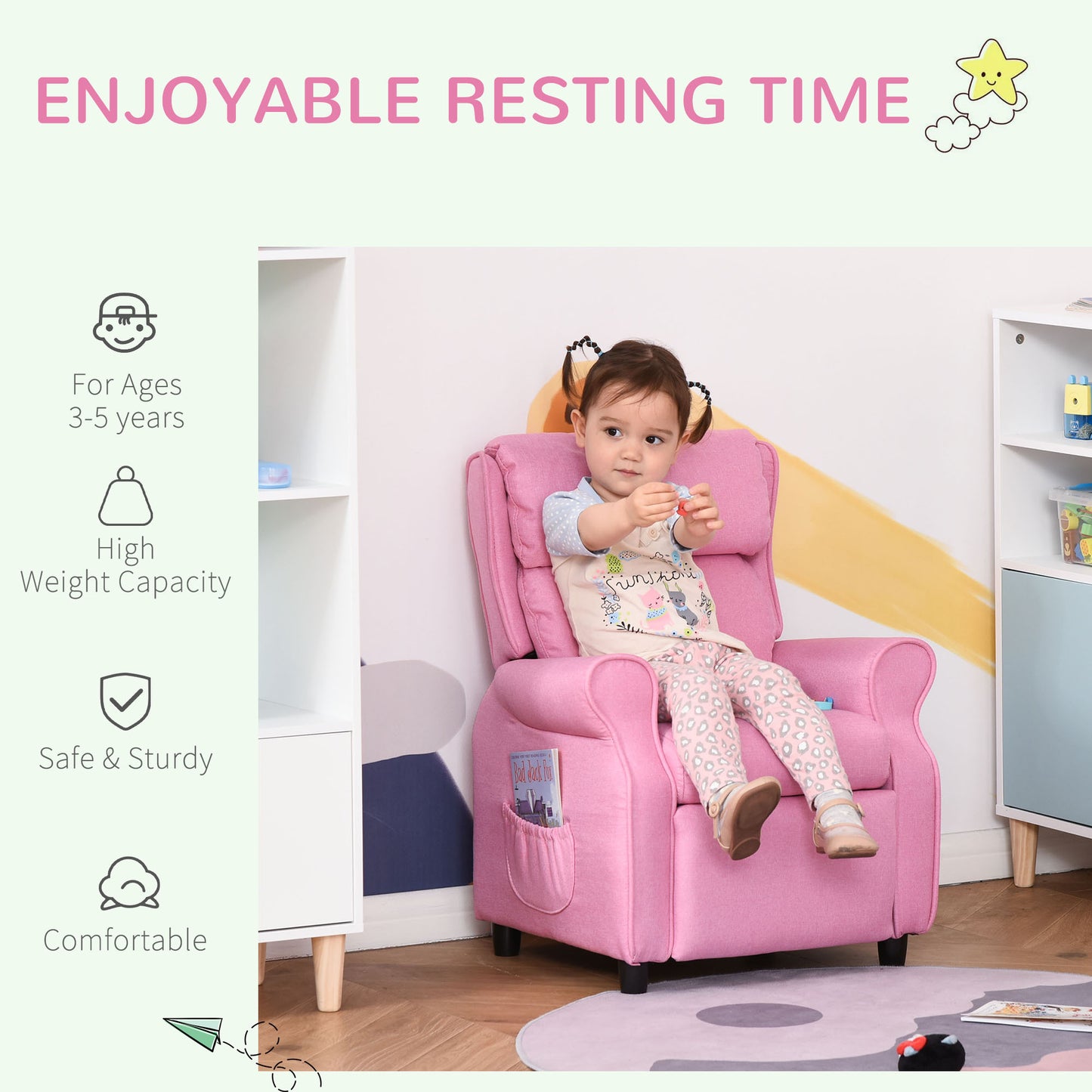 Qaba Kids Recliner Chair Children Sofa Angle Adjustable Single Lounger Armchair Gaming Chair with Footrest 2 Side Pockets for 3-5 Years, Light Pink