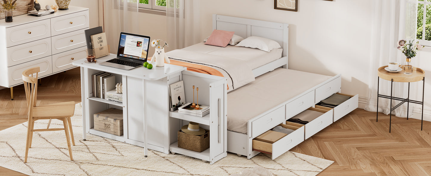 Twin Size Multifunctional Wood Platform Bed with Desk and Storage Shelf at the End of the Bed, Built-in Trundle and 3 Drawers, White