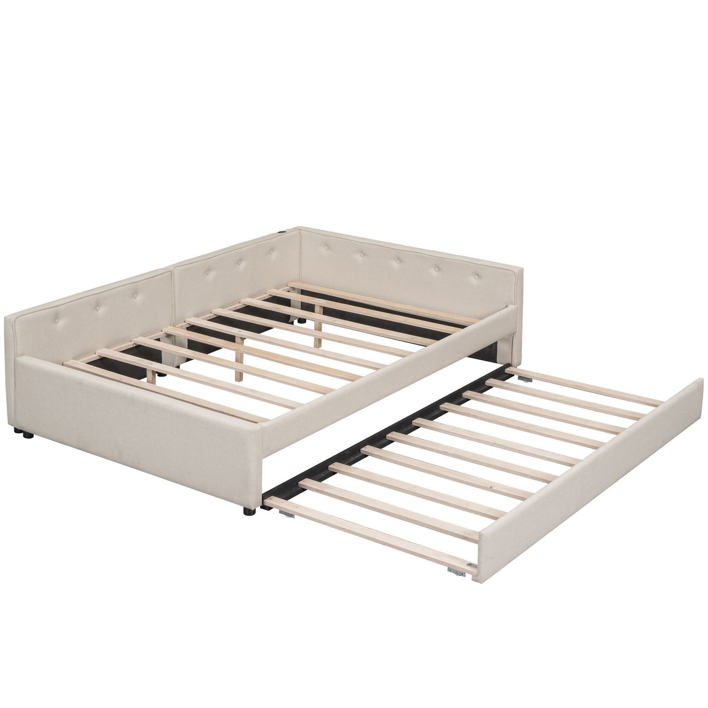 Full Size Upholstered Platform Bed with USB and Twin Size Trundle, Beige