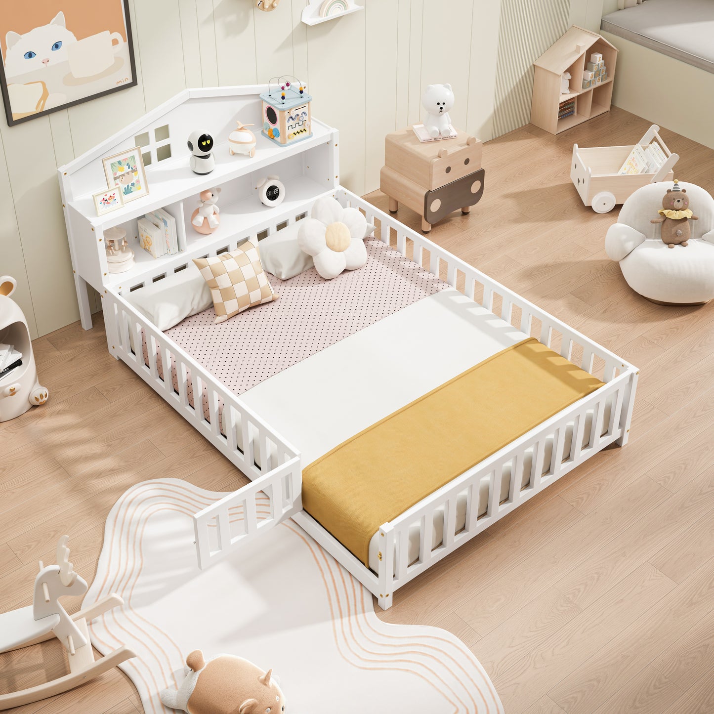 Full-size Montessori Floor Bed with Bookcases and Blackboards, Versatile Platform Beds with Guard rails, Solid Wood Floor Beds with Storage Headboards, Floor Beds for Kids and Teens White
