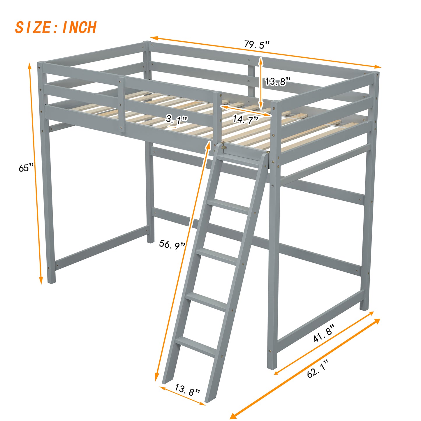 Twin Size High Loft Bed with inclined Ladder, Guardrails,Grey