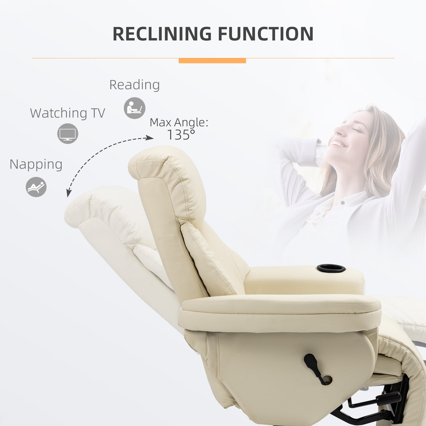 HOMCOM Manual Recliner, Swivel Lounge Armchair with Side Pocket, Footrest and Cup Holder for Living Room, Cream White