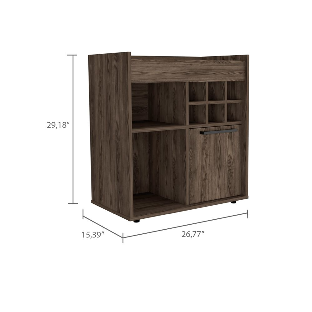 Bar- coffee cart 29" H, cabinet storage, with 6 bottle racks, a central shelf covered by 1 wood door, ideal for storing glasses and snacks, Dark Walnut