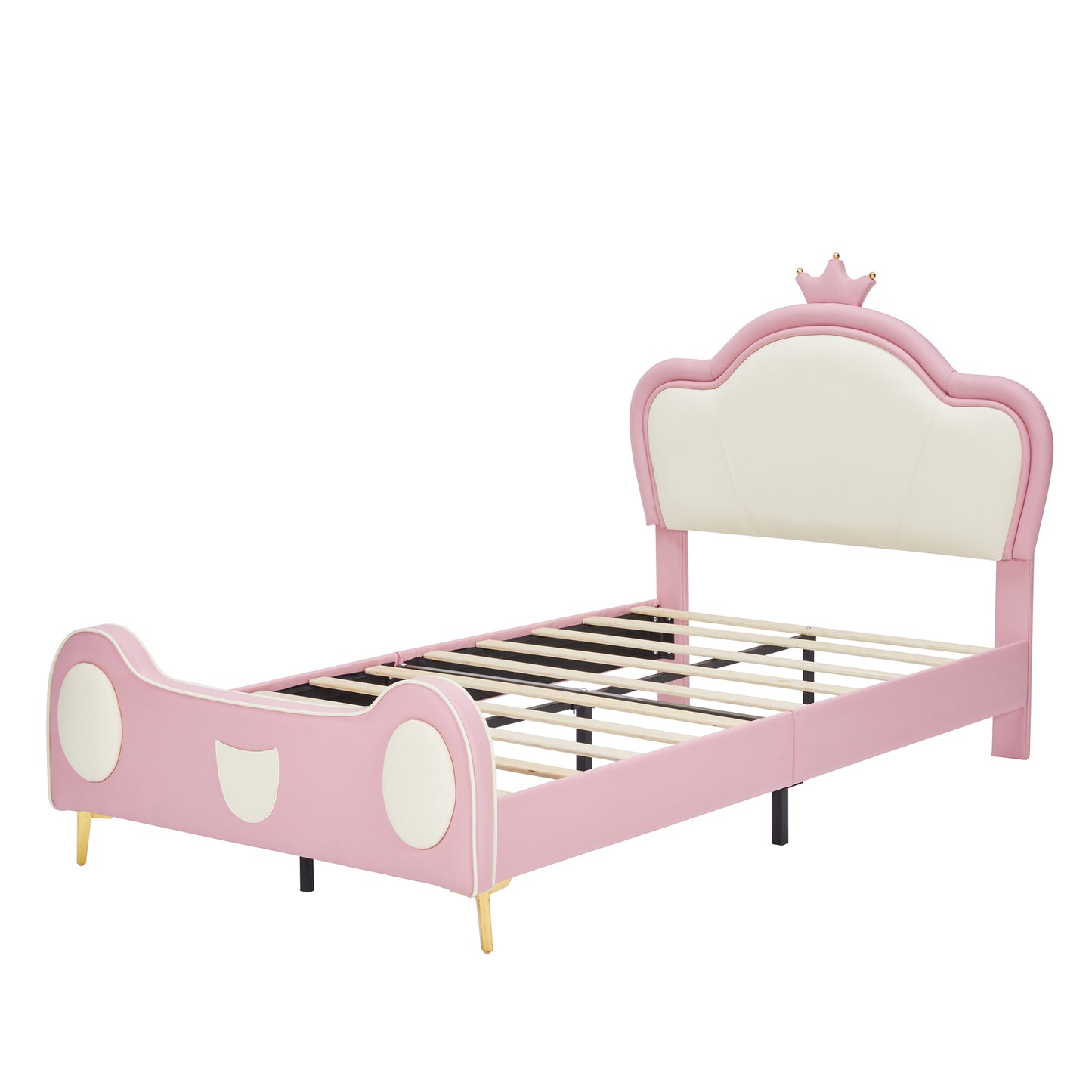 {NEW}Twin Size Princess Bed with Crown Headboard, PU Upholstered Platform Bed , Twin Size Bed Frame with Bed-End Storage Pocket for Kids Girl, No Spring Box Needed, Easy Assembly, Pink