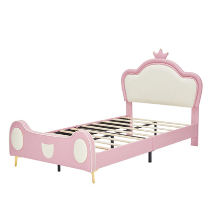 {NEW}Twin Size Princess Bed with Crown Headboard, PU Upholstered Platform Bed , Twin Size Bed Frame with Bed-End Storage Pocket for Kids Girl, No Spring Box Needed, Easy Assembly, Pink