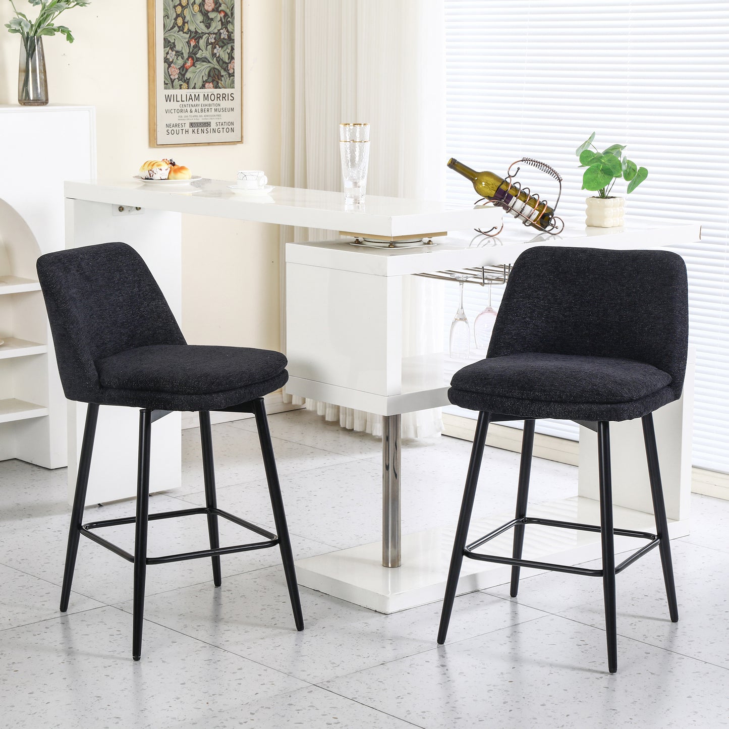 Counter Height Swivel Bar Stools Set of 2, 360° Swivel Upholstered Barstools with Back and Metal Legs, 25.6" Seat Height,Counter Stools for Kitchen Island and Pub,Linen Cloth,Black Linen.