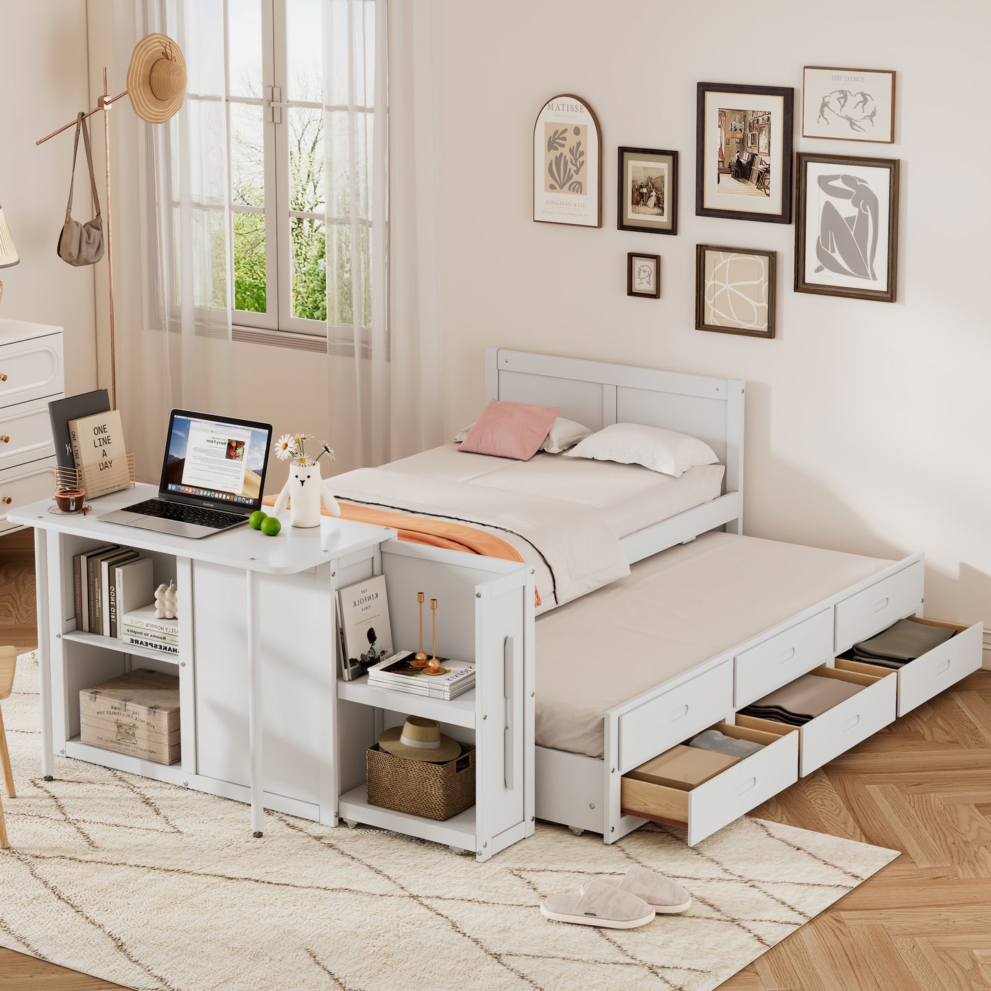 Twin Size Multifunctional Wood Platform Bed with Desk and Storage Shelf at the End of the Bed, Built-in Trundle and 3 Drawers, White