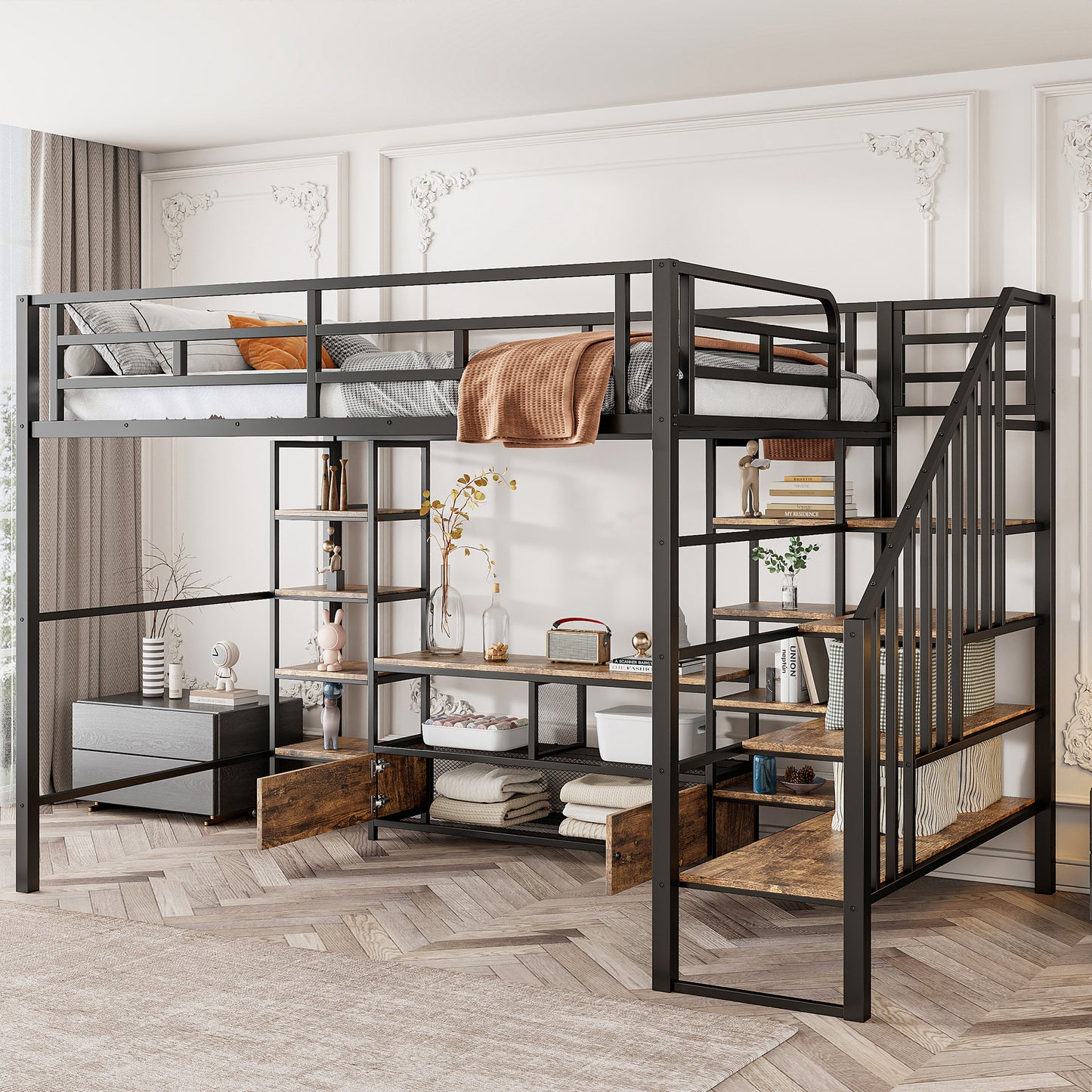 Full Size Metal Loft Bed with Staircase,Low Storage Table and Storage Shelves,Black