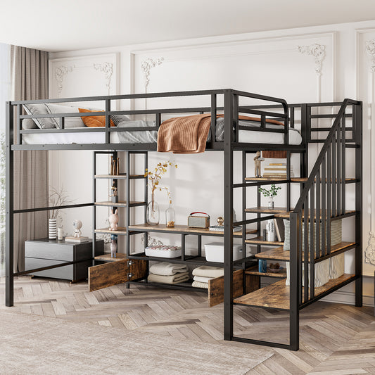 Full Size Metal Loft Bed with Staircase,Low Storage Table and Storage Shelves,Black