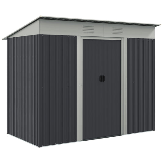 Outsunny 7' x 4' Metal Lean to Garden Shed, Outdoor Storage Shed, Garden Tool House with Double Sliding Doors, 2 Air Vents for Backyard, Patio, Lawn, Gray