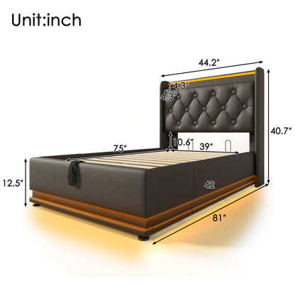 Twin size Upholstered bed, 360 surround LED function, Buttons/Apps/Remote Control, hydraulic storage bed with USB Type-C charging, Black, PU (Without mattress)