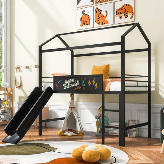 Metal House Bed With Slide, Twin Size Metal Loft Bed with Two-sided writable Wooden Board (Black )