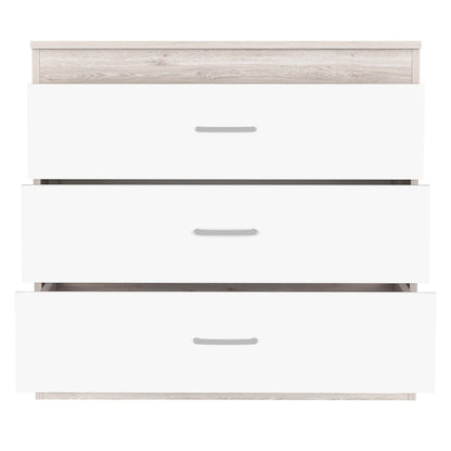 Dresser 29"H, Three Drawers, Metal Hardware, Superior Top, Light Gray / White