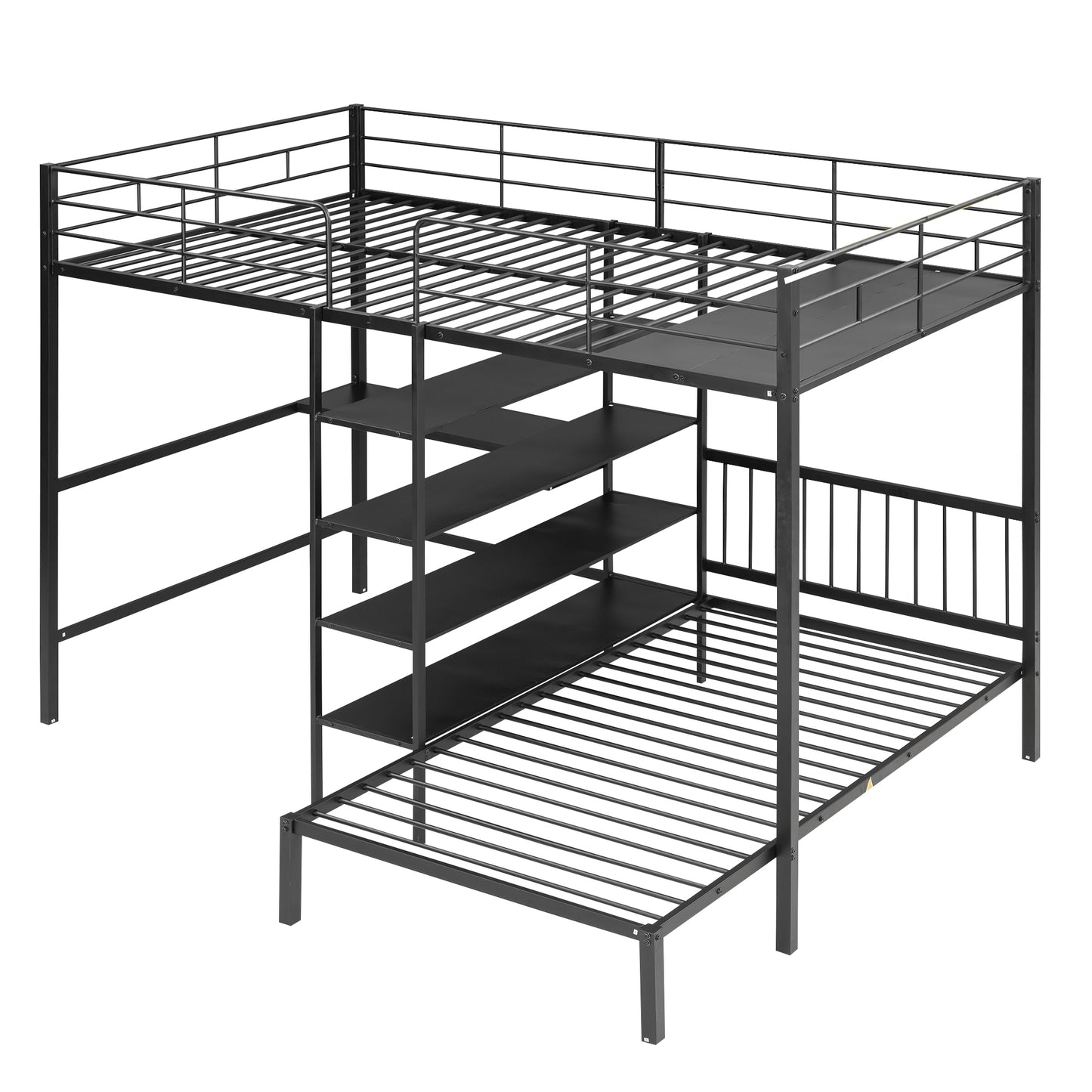 Full Over Twin Metal Bunk Bed with Built-in Desk, Shelves and Ladder in Black Metal & MDF, 99.05''L x 77.3''W x 70''H