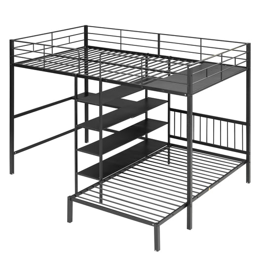 Full Over Twin Metal Bunk Bed with Built-in Desk, Shelves and Ladder in Black Metal & MDF, 99.05''L x 77.3''W x 70''H