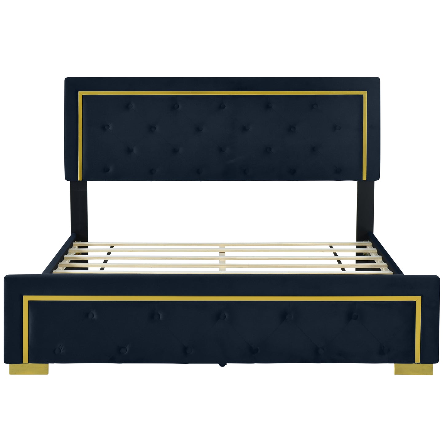 Queen Size Upholstered Platform Bed With Pull Point Headboard And Metal Wire Frame At The Head And Foot Of The Bed, Metal Feet, Velvet, Black