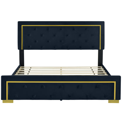 Queen Size Upholstered Platform Bed With Pull Point Headboard And Metal Wire Frame At The Head And Foot Of The Bed, Metal Feet, Velvet, Black