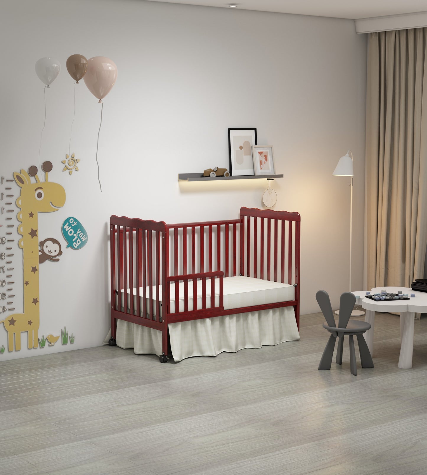 3-In-1 Convertible Crib In Cherry, Made Of Sustainable Pinewood, Non-Toxic Finish, Comes With Locking Wheels, Wooden Nursery Furniture