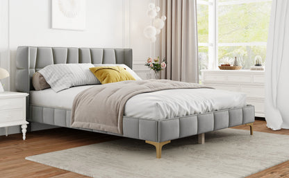 Queen Size Upholstered Velvet Platform Bed, Gray