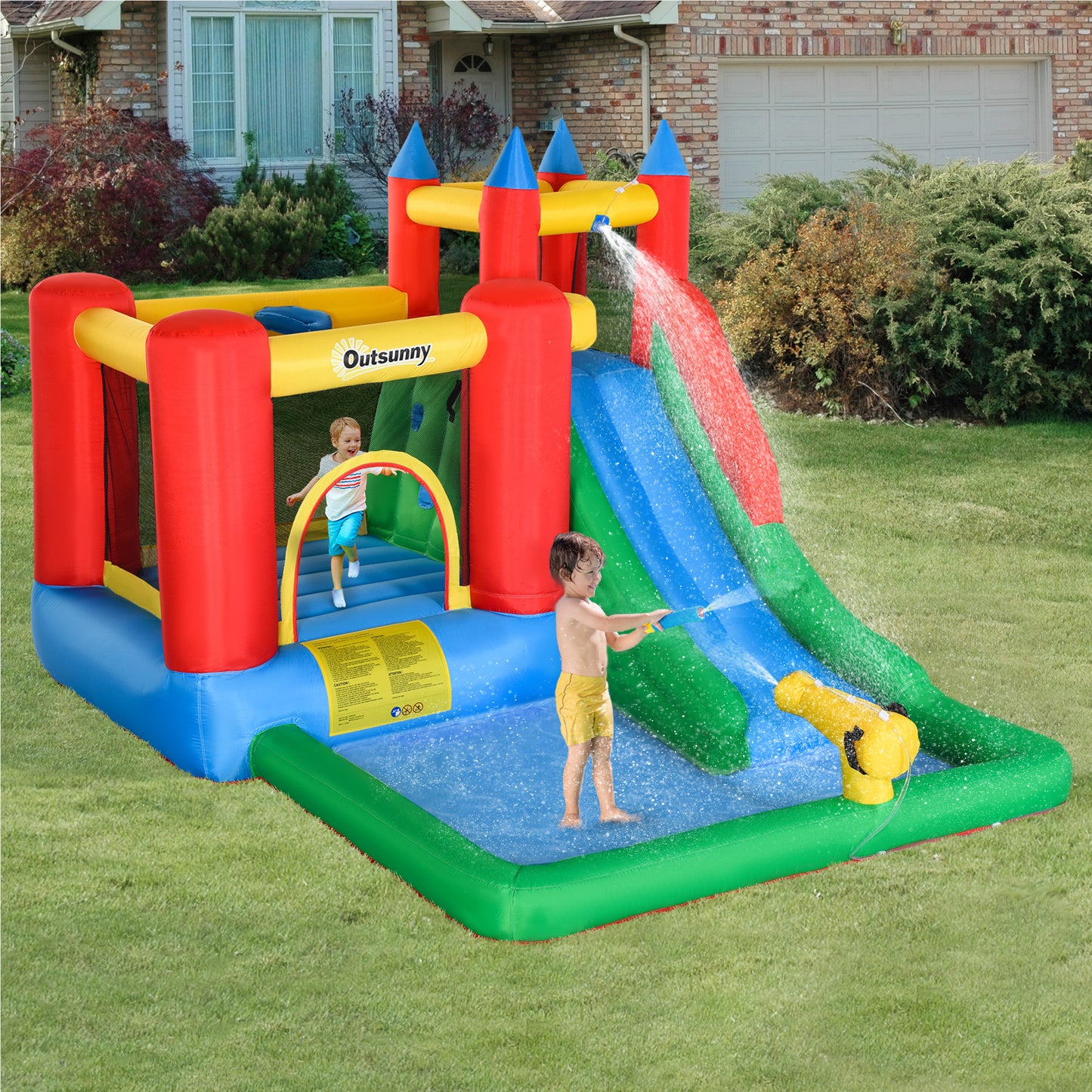 Outsunny 6-in-1 Kids Bounce House Inflatable Water Slide with Pool, Water Cannon, Climbing Wall, Inflator Included, Jumping Castle Kids Backyard Activity Outdoor Water Play Toy