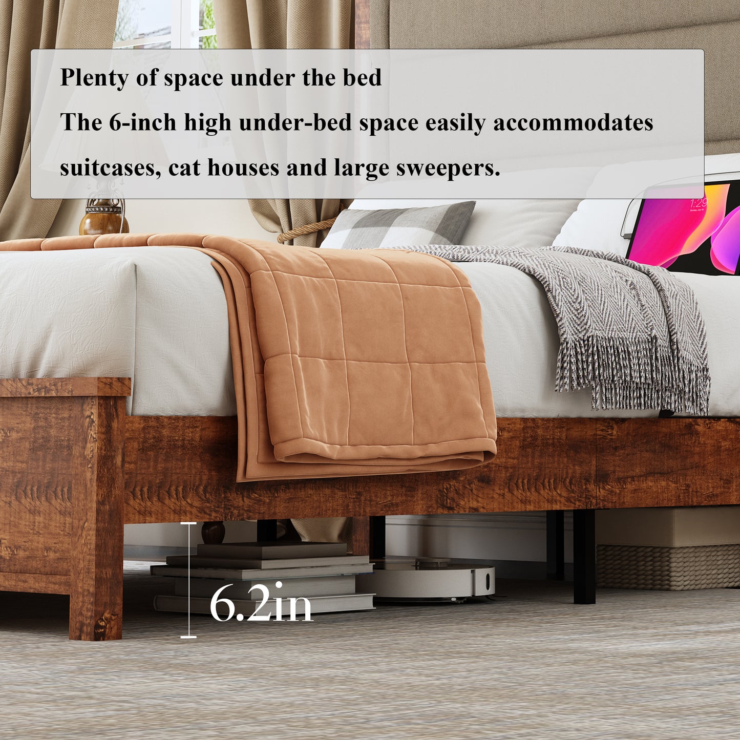 Queen Size Bed Frame with Upholstered Headboard, Queen Bed Frame with Charging Station and LED Lights, Wood Slats, Dark Gray Linen,  No Box Spring Needed, Easy Assembly