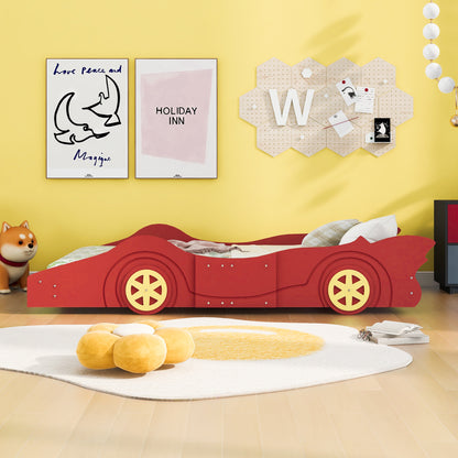 Twin Size Race Car-Shaped Platform Bed with Wheels,Red