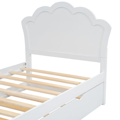 Twin Size Wood Platform Bed with Headboard and Twin Size Trundle, White