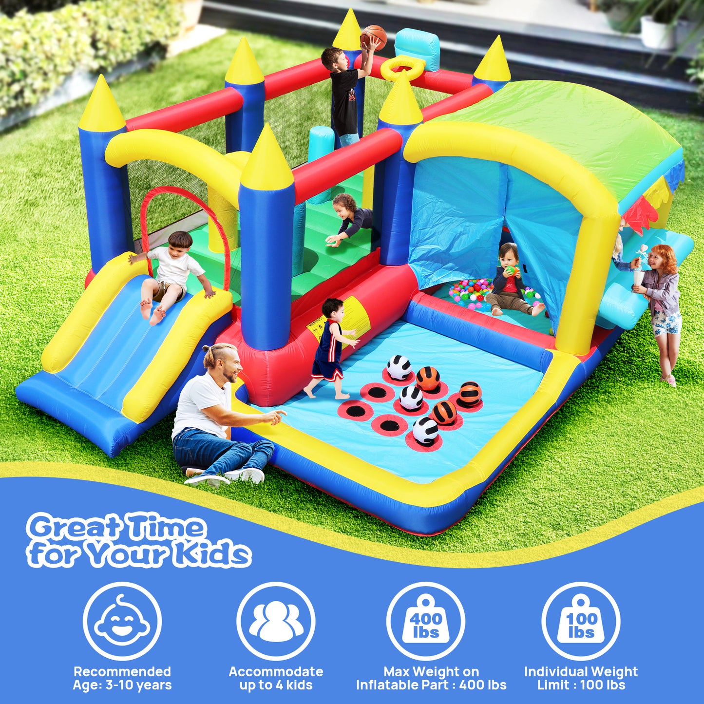 7 in 1 Inflatable Bounce House, Bouncy House with Ball Pit for Kids Indoor Outdoor Party Family Fun, Obstacles, Toddler Jump Bouncy Castle with Ball Pit for Birthday Party Gifts