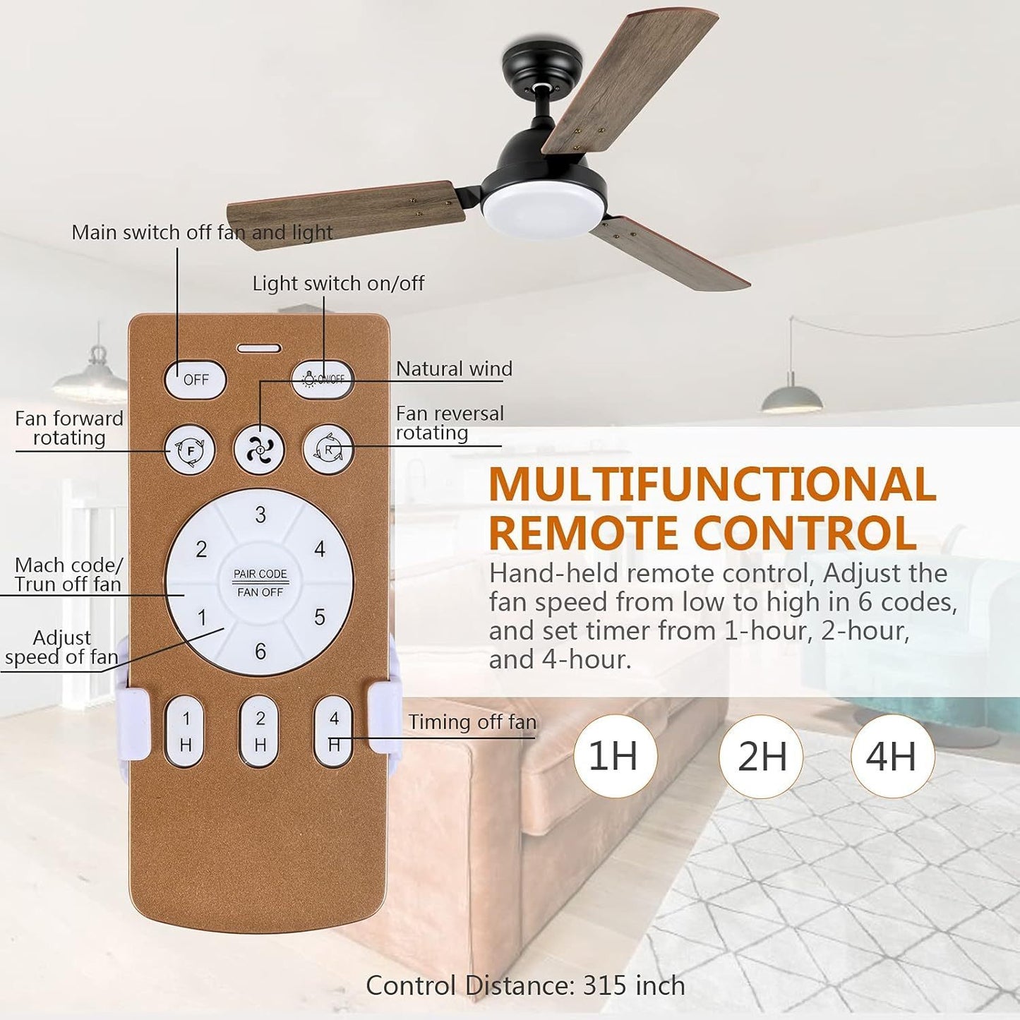 44-inch Ceiling Fan with LED Light and Remote Control, 6-Speed Modes, 2 Rotating Modes, Timer