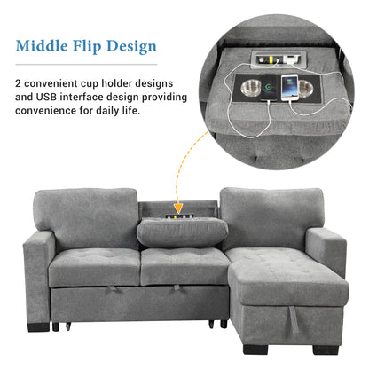 Stylish and Functional Light Chaise Lounge Sectional with Storage Rack Pull-out Bed Drop Down Table  and USB Charger Gray