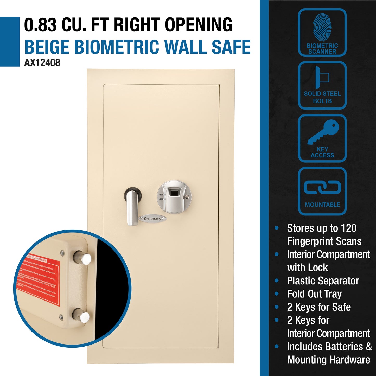 0.82 CUBIC FT BEIGE  BIOMETRIC WALL SAFE