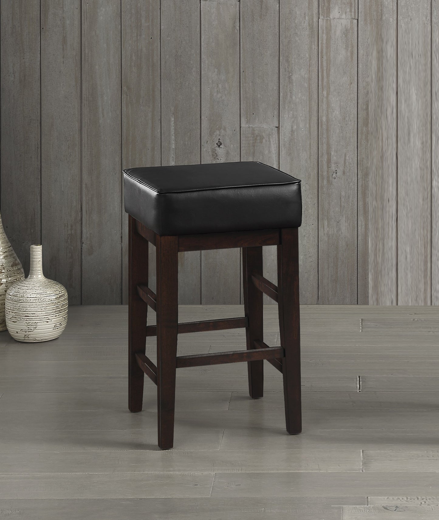 Transitional Black Faux Leather Seat 24-inch Counter Height Stools Set of 2, Espresso Finish Solid Wood Frame