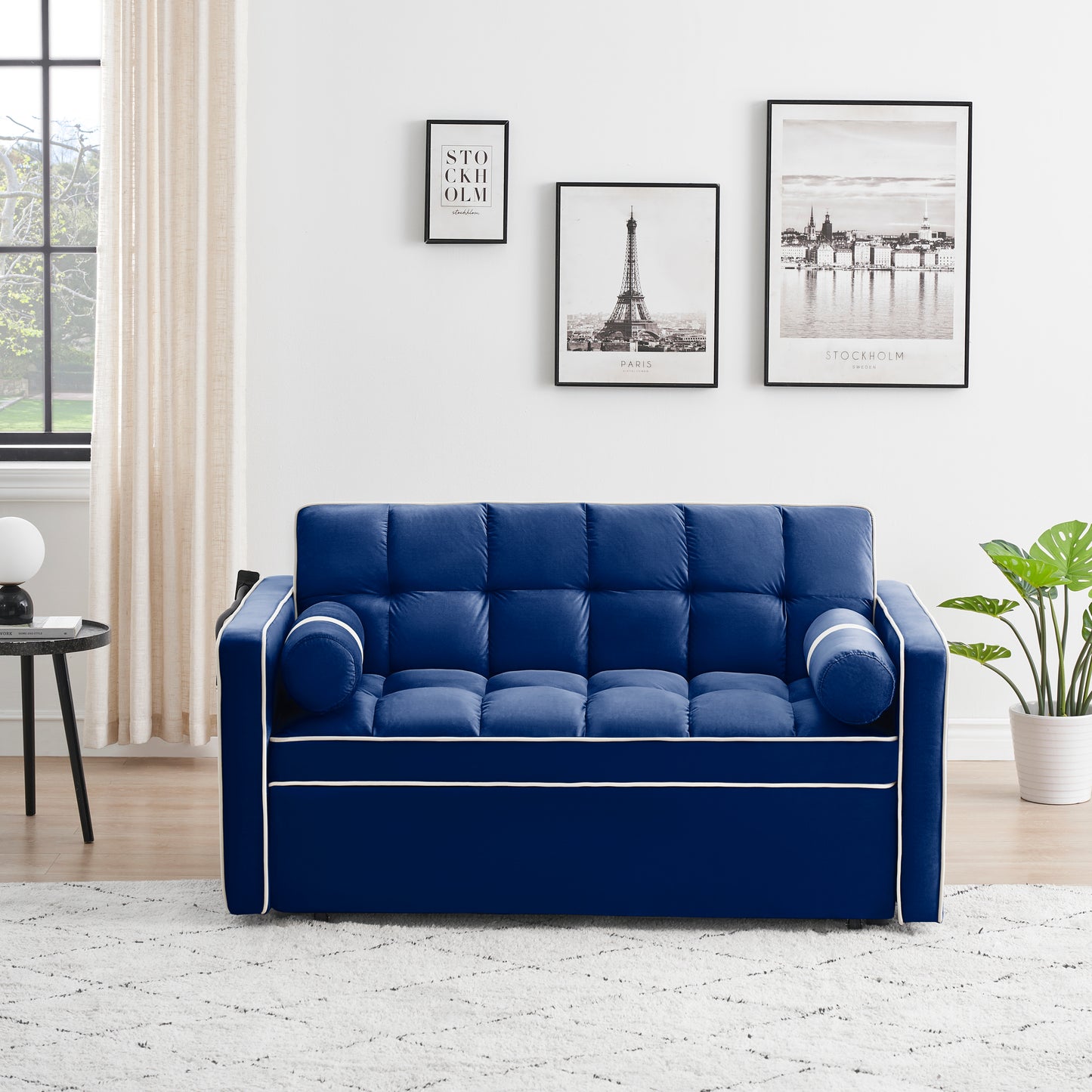 Sleeper Sofa Couch w/Pull Out Bed, 55" Modern Velvet Convertible Sleeper Sofa Bed, Small Love seat Sofa Bed w/Pillows & Side Pockets for Small Space, Living Room, Apartment,Blue