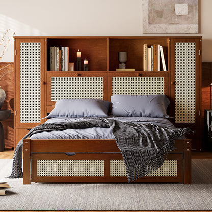 Twin Size Wooden Bed with Two Storage Lockers, Drawer, and Storage Shelf on Headboard, Multifunctional Platform Bed with Natural Rattan, Walnut