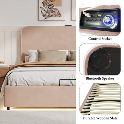 Upholstered Platform Full Size Hydraulic Storage Bed, Lift Up Storage Bed with RGB LED Light, Bluetooth Speaker, No Box Spring Needed, Lychee Velvet,Pink