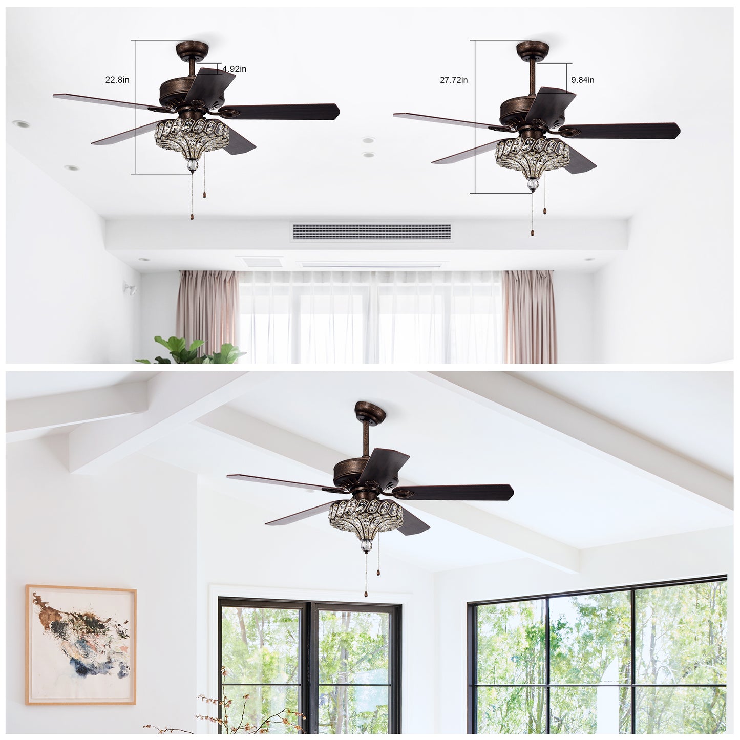 52'' Classical Crystal Ceiling Fan Lamp,3 Speed , 5 Reversible Blades for Living Room, Dining Room, Bedroom, Family Room, Rustic bronze ,3PCS*E12  (NO Include Bulb, Hand 
Pull Chain)