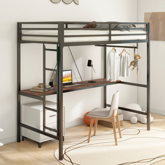 Adam Sturdy Twin Loft Bunk Black with Cinnamon Wood Desk and Closet Rod for Adult and Kids, and Easy Climbing with Sturdy Ladder, Space Saving