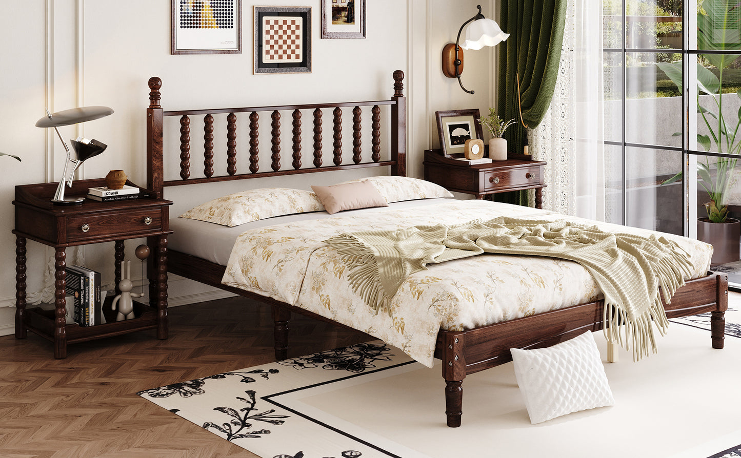 Queen Size Wood Platform Bed with Gourd Shaped Headboard,Retro Style Platform Bed with Wooden Slat Support,Walnut